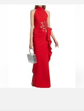 Chiara Boni La Petite Robe Red Halter Maxi Dress with Sequin Accent